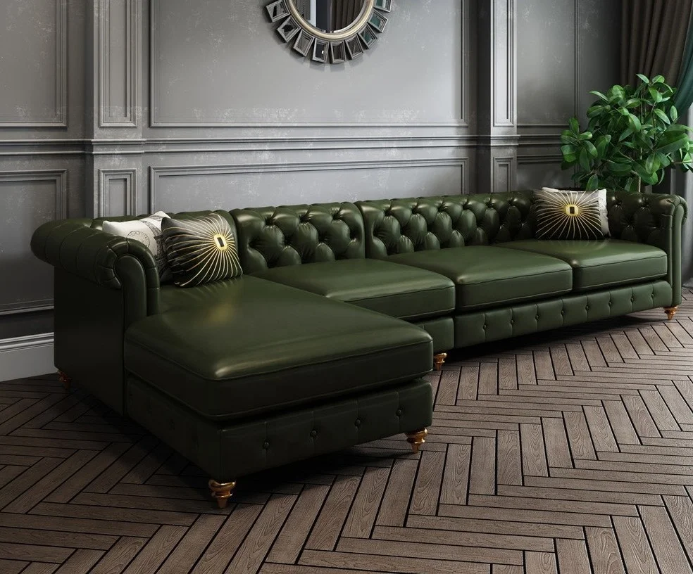 
Leather cushion solid wood structure chesterfield sofa set for hotel 