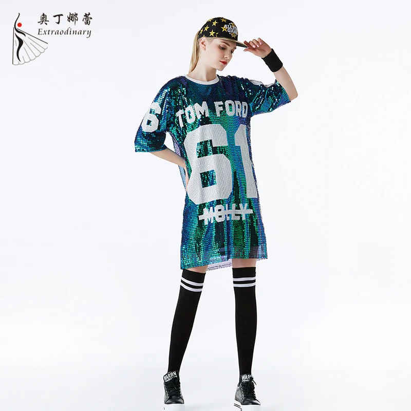 Wholesale Hip Hop Dance Costumes Baseball Shirt Custom Bling Loose Women Oversize Sparkly Sequin Long T Shirt Dress