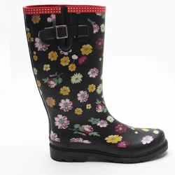 Hot sales fashion cheap high heel black flower print women rubber rain print shiny rain boots