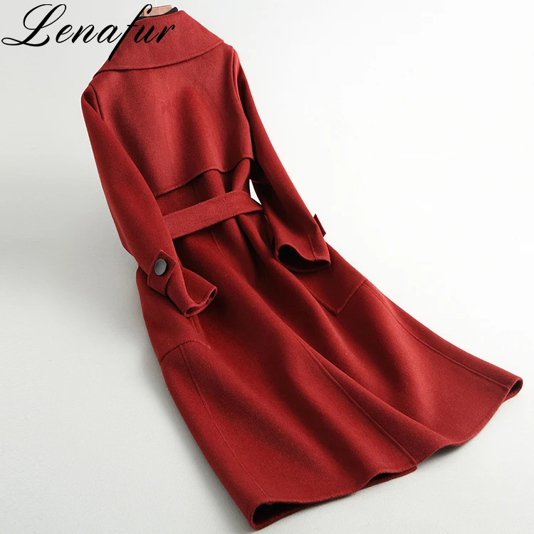 2021 Fashion Custom Made Wholesale Loose Long Wrap-Tie Belt Double Faced 100% Lamb Sheep Cashmere Wool Fur Coat for Women