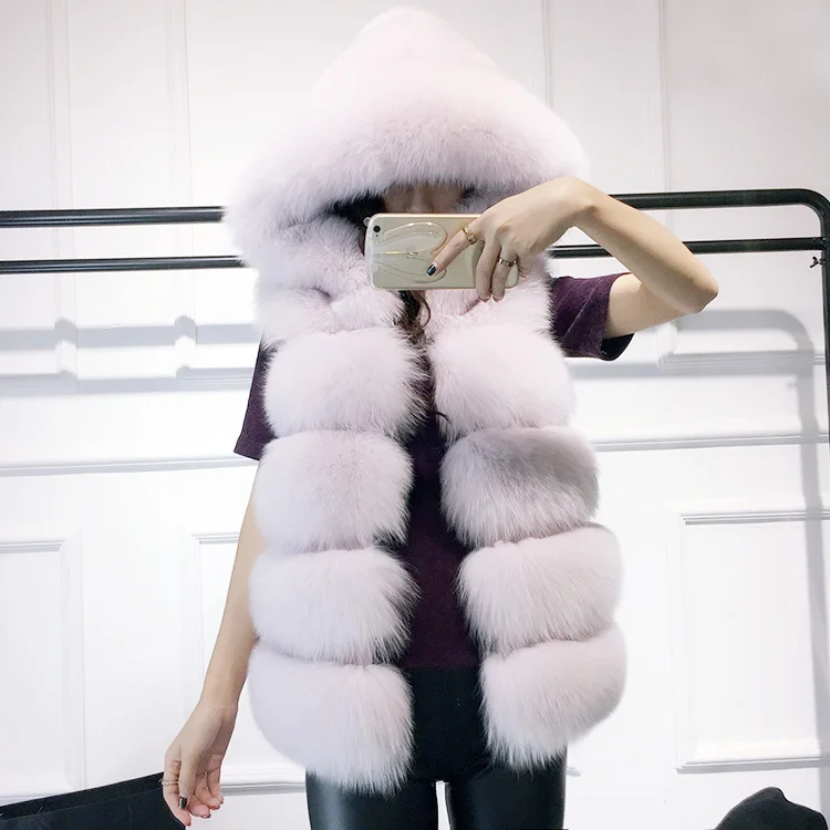 New Arrival Hooded Faux Fur Vest Coat Outdoor Warm Elegant Beautiful Winter Woman Fox Fur Vest