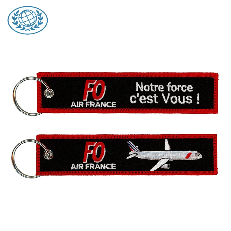 Custom Embroidered Keychain Keyring Airplane Air Safty Tag Custom Brand Name Fabric Machine Logo Embroidered Key Chain OEM ODM