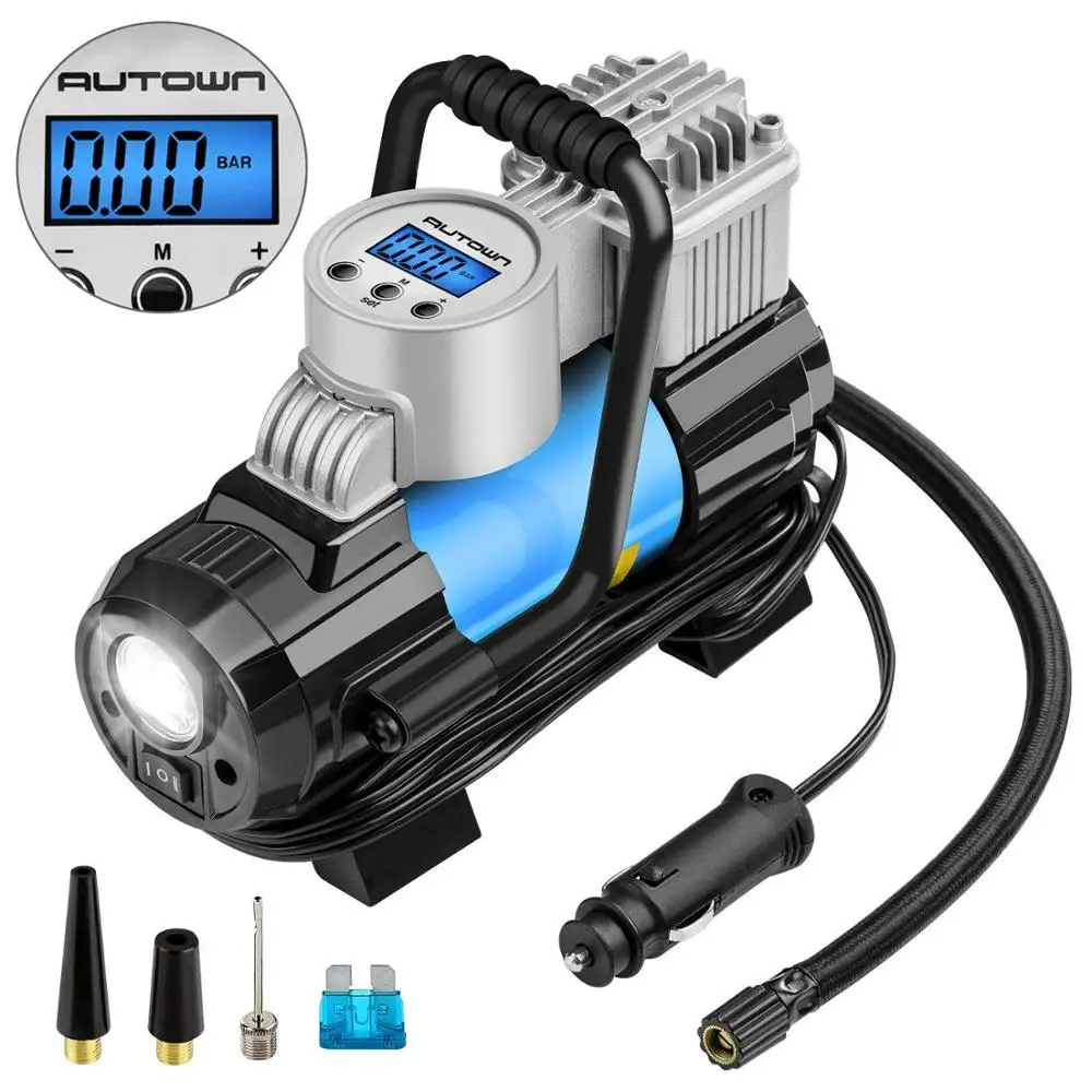 12V DC Portable Air Compressor Pump, 150 PSI Auto Digital Tire Inflator with Extra Nozzle Adaptors and Fuse for Car Bike Tires a