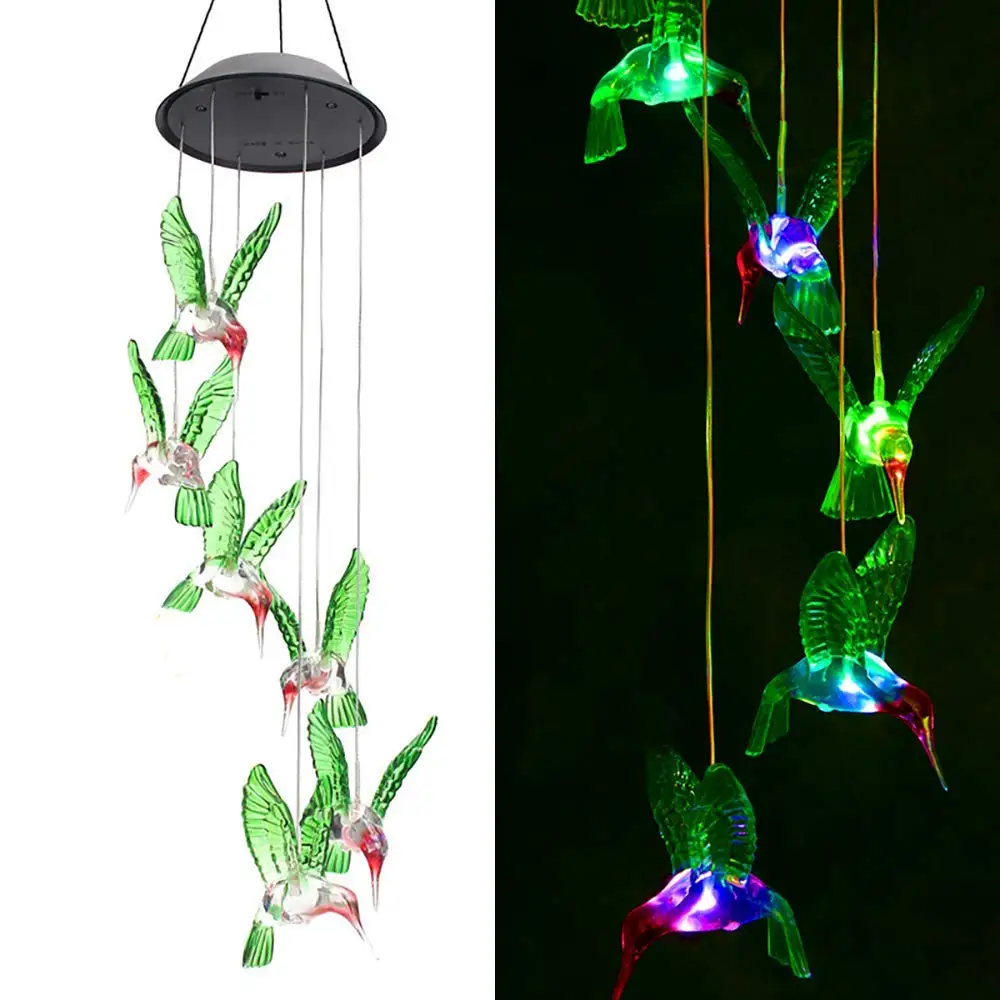 OEM China factory Outdoor Solar Powered Decor Hanging Garden LED Color changing solar hummingbird wind chime lights for window