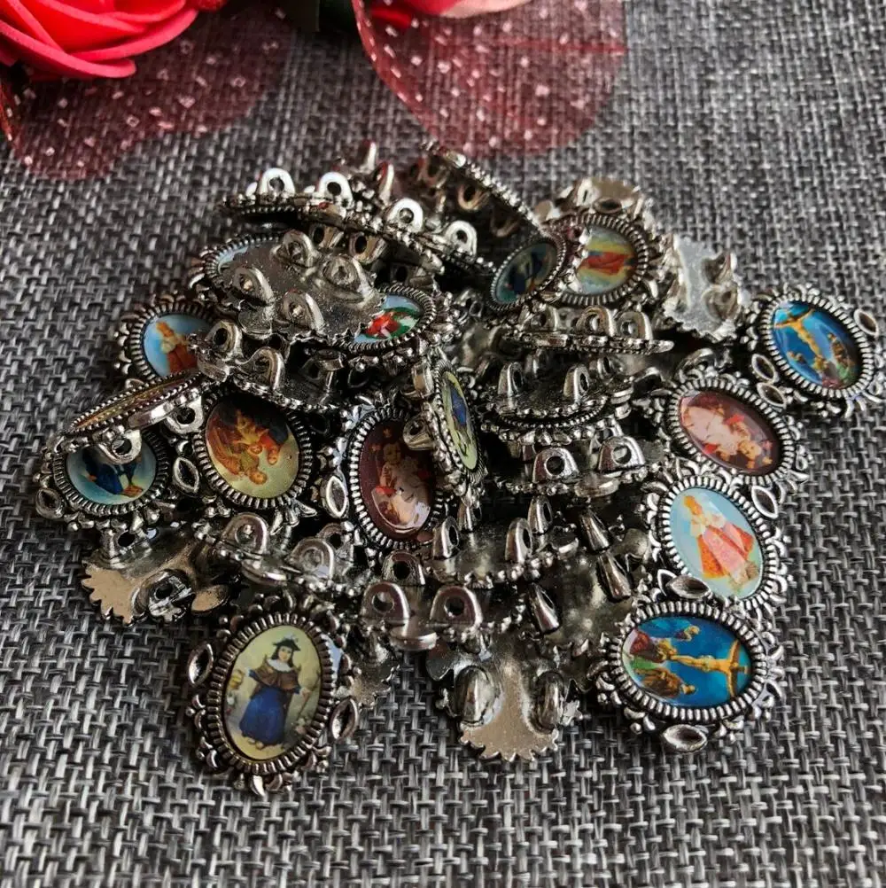 antique silver plating Assorted twelve images alloy panel for saint bracelet catholic bracelet part