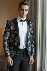 Мужской элегантный жаккардовый костюм из 2 предметов, облегающий смокинг