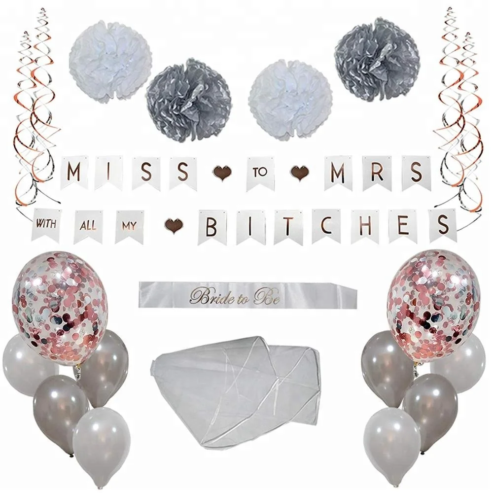Bachelorette Party Decorations Rose Gold Silver Bridal Shower Supplies Set Bride to Be Banner Sash with Veil and Balloons Kit