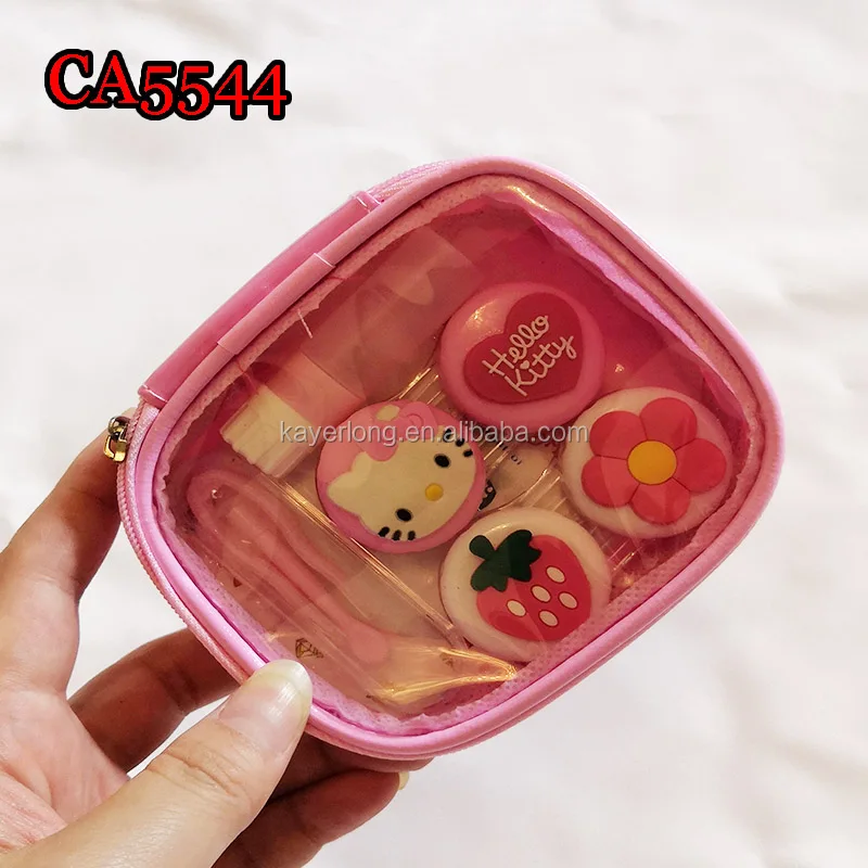 Оптовая продажа ПВХ мягкий Hello kitty и клубника деко, наборами по 2 пары футляр для контактных линз с чехлом из искусственной кожи пу CA5544