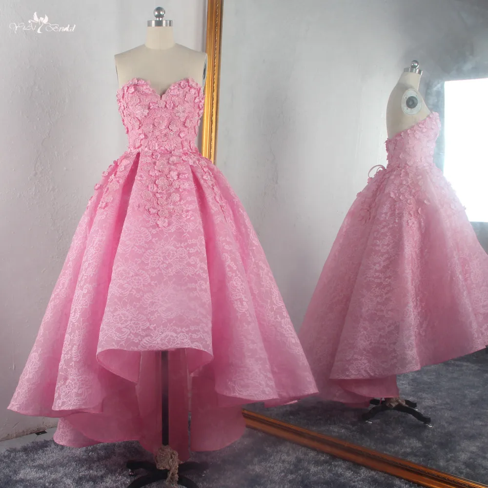 RSE899 3D Flowers Bridesmaid Pink High Low Lace Girls Graduation Party Dresses Prom Dress
