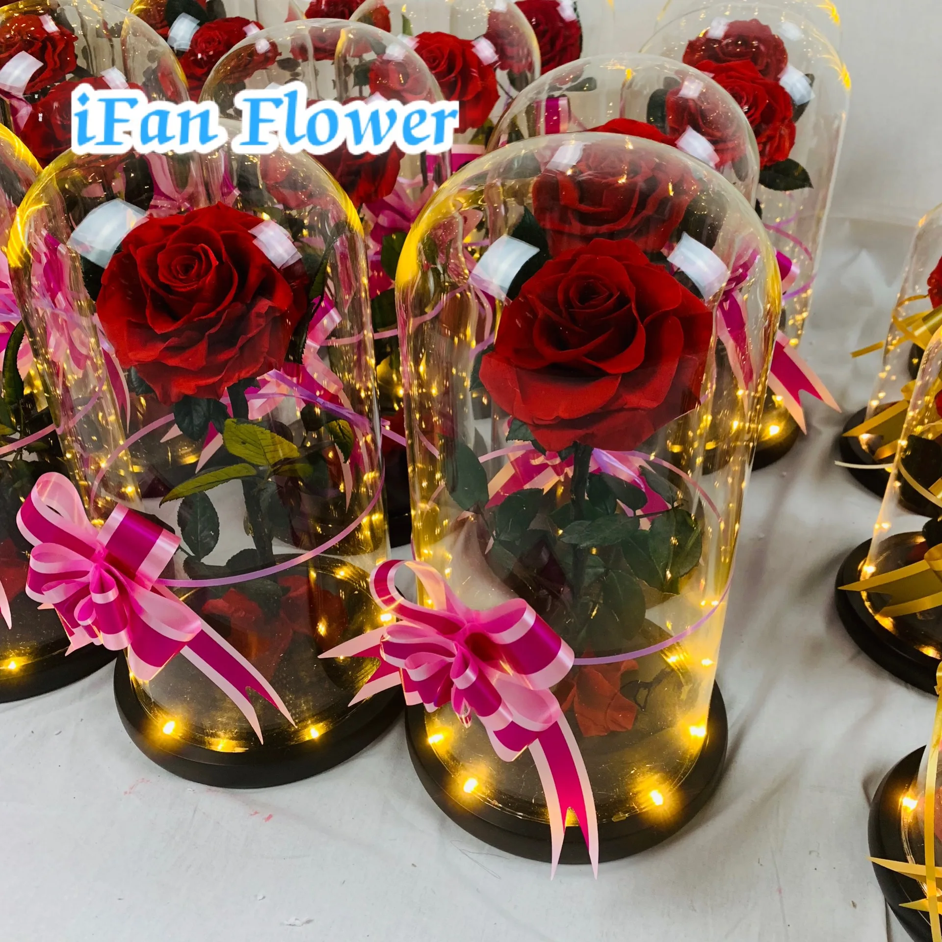 Home table decoration natural eternal red rose decorative preserved rose flower in glass with led light