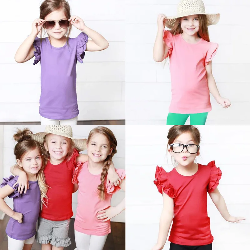 1-6 Years Girls Shirts Flutter Short Sleeve Solid O-neck Baby Girl Clothes Summer MH872