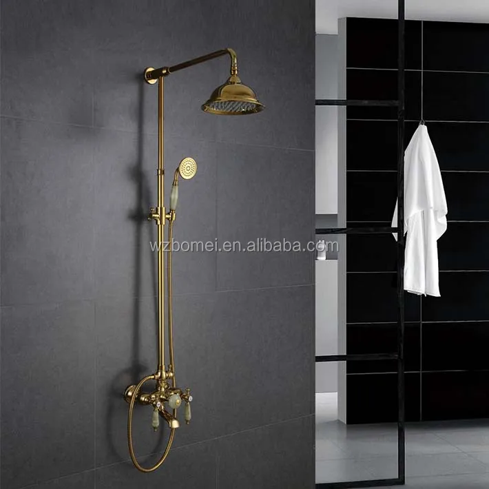 Gold plating shower mixer set with rainfall 8 inch brass shower head , ceramic handle , jade mixer