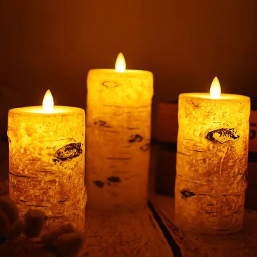 
Birth Tree Texture Flameless LED Real Wax Flickerling Moving Wick Pillar Candle With Timer Remote Control 