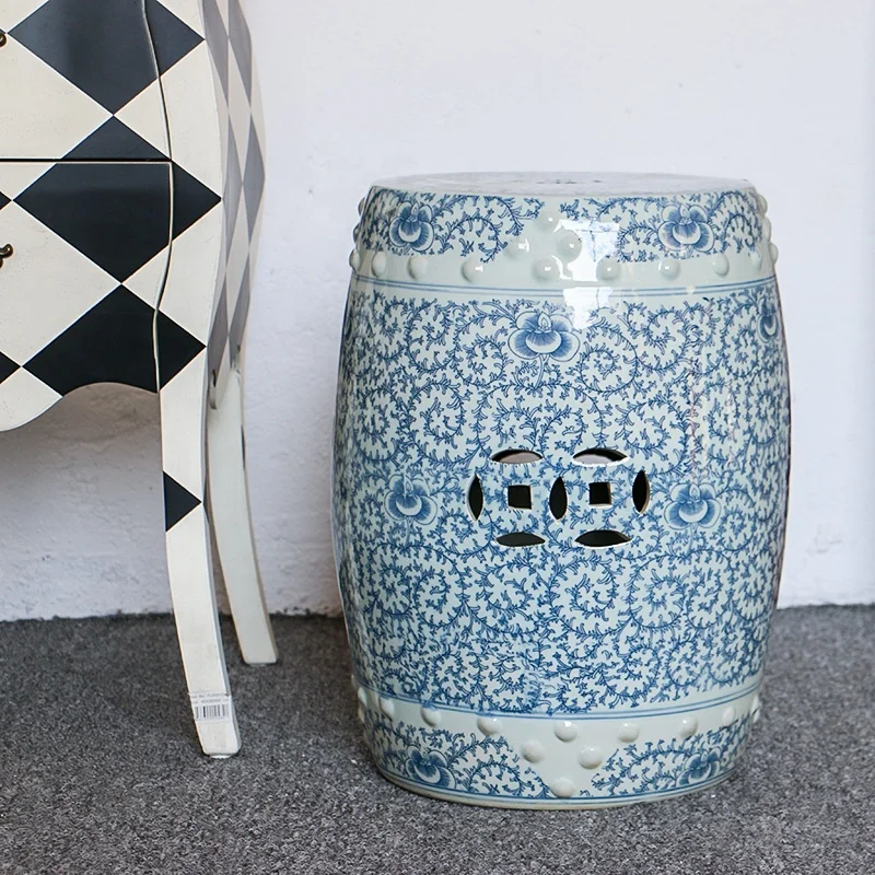 Blue and white double happiness Chinese ceramic garden stool porcelain seat for home decorative change shoe stool in living room