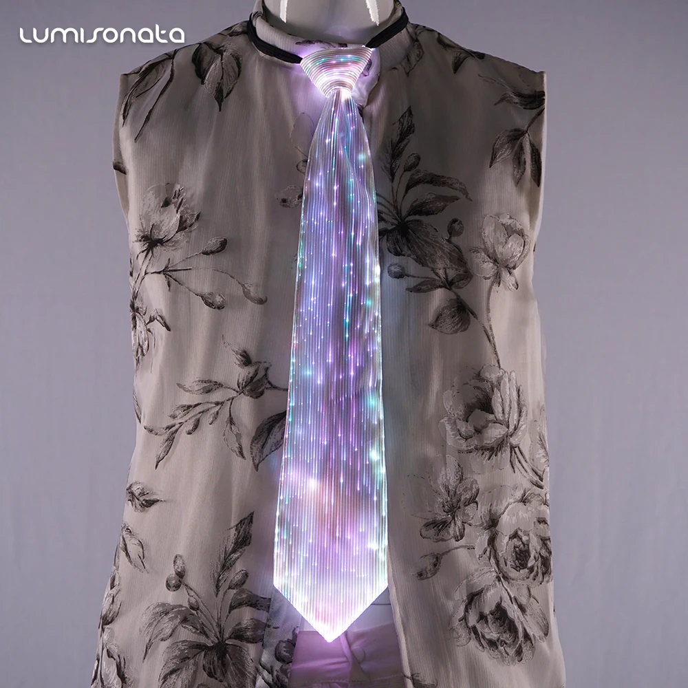 2021 New novelty colorful luminous fiber optic fabric neck tie with led lights