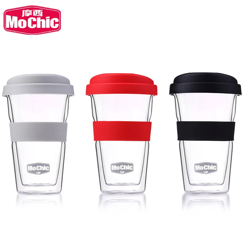 Mochic Custom Reusable 300Ml Insulated Glass Coffee Travel Mug / Heat Resists Glass Handy Cup With Silicon Sleeve And Lid
