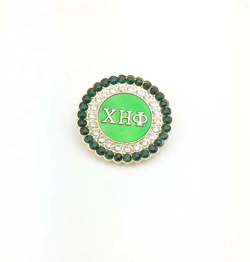 XHO  CHI ETA PHI green round brooch ON RHINESTONE   Greek Sorority &Fraternity products