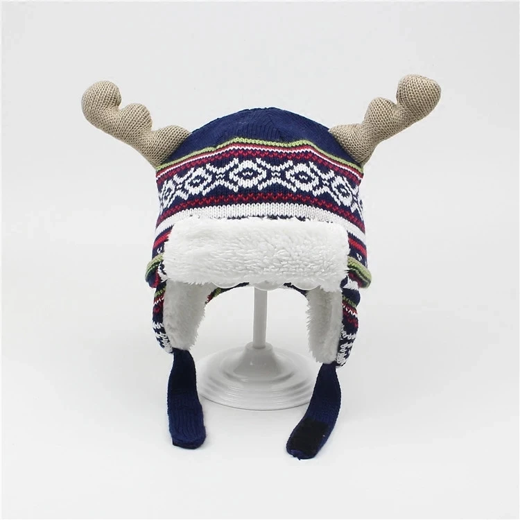 Hot sale baby kid child Checked Earflap Winter warm jacquard Christmas reindeer Trapper Hat polar fleece lining hat