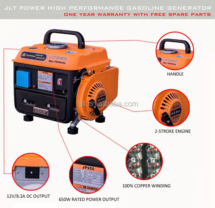 JLT POWER Rated power 650w gasoline generator max power 800w portable generator with full copper