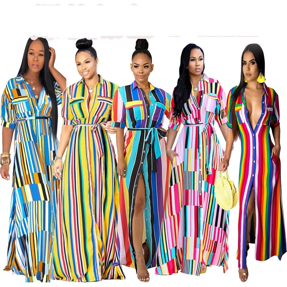 Wholesale women casual fashion striped button up maxi dress TC836
