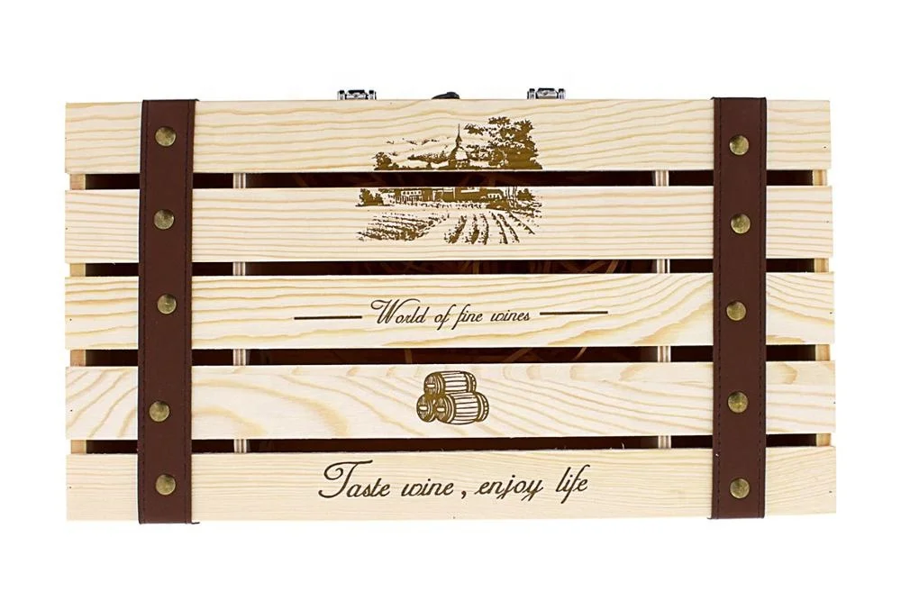 
IBEI Handmade Artisan Vineyard Design Natural Pine Wood Crate for Two red Wine Bottles Storage Gift Box Carrying Display Case 