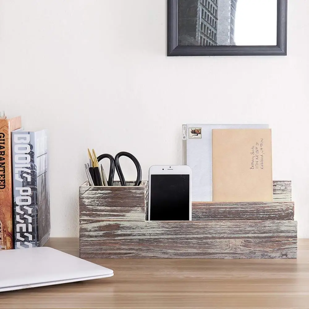 Rustic Torched Wood Desktop Office Supplies Caddy & 2 Slot Letter Mail Sorter Organizer