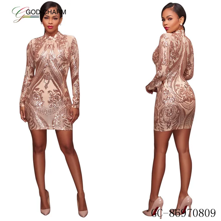 *GC-86970809  2022 new arrivals design woman embroidery Wholesale  sexy sequin long sleeve fashion bodycon club party mini dress
