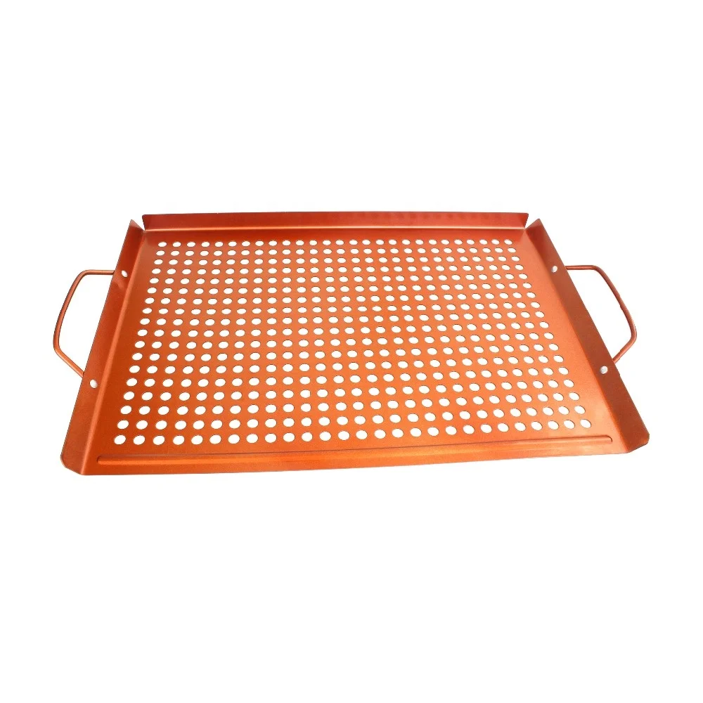 19 * 11 inch carbon steel nonstick bbq grill basket with metal wire handle for outdoor barbecue grills