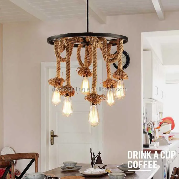 Antique Finish American Farmhouse Retro Hemp Rope Chandelier Pendant Lamp Industrial stylish Decoration Warm Model Project Light