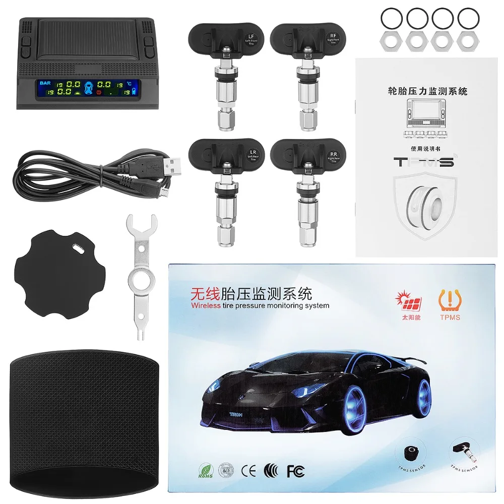 Solar power TPMS 4 External & Internal Sensor Temperature Real Time Digital Display Alarm Car Tire Pressure Monitor System