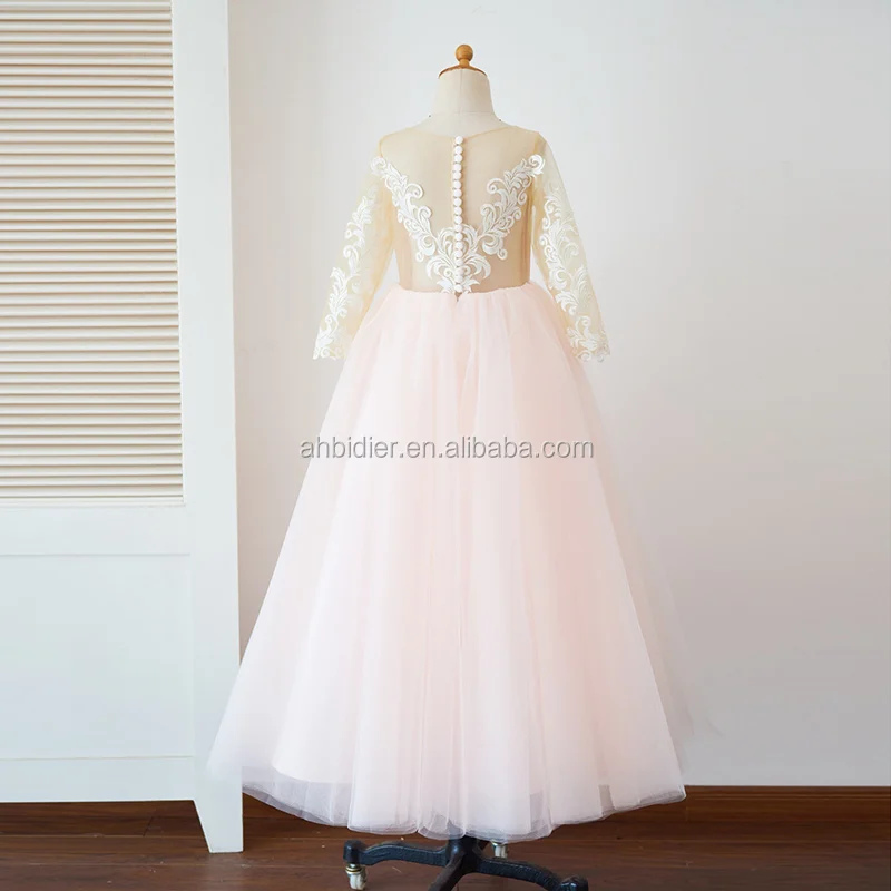 Long Sleeves Lace Pink Tulle Wedding Flower Girl Dress Ball Gown Princess Birthday Party Dress