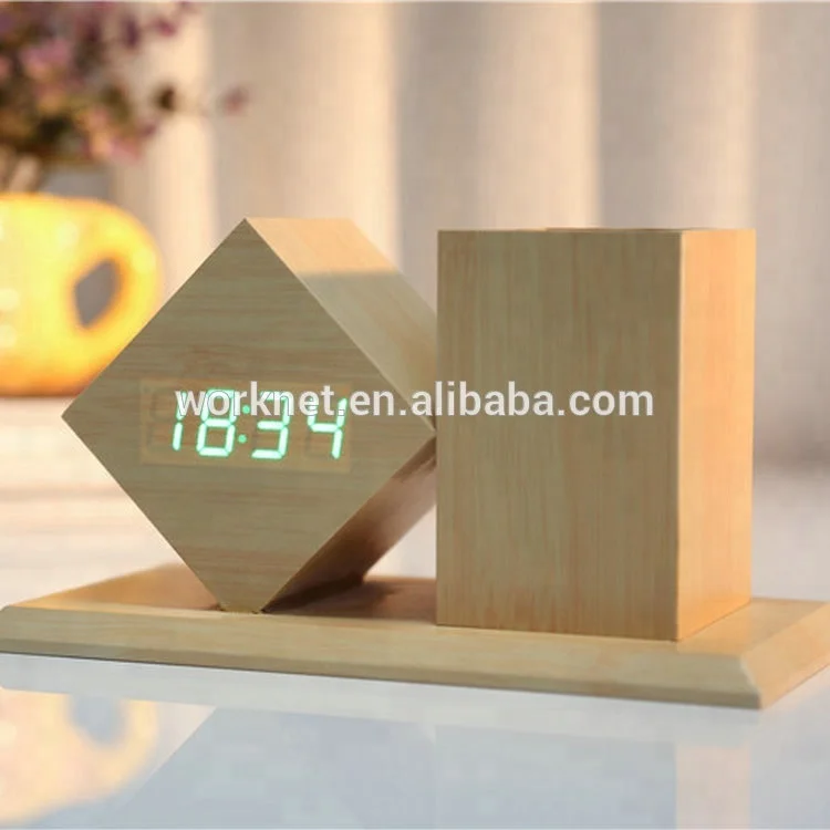 Wholesale Office Alarm and Thermometer Crystal Stand Digital Desk Table Wooden Clock with Pen Holder For Promotional Gift