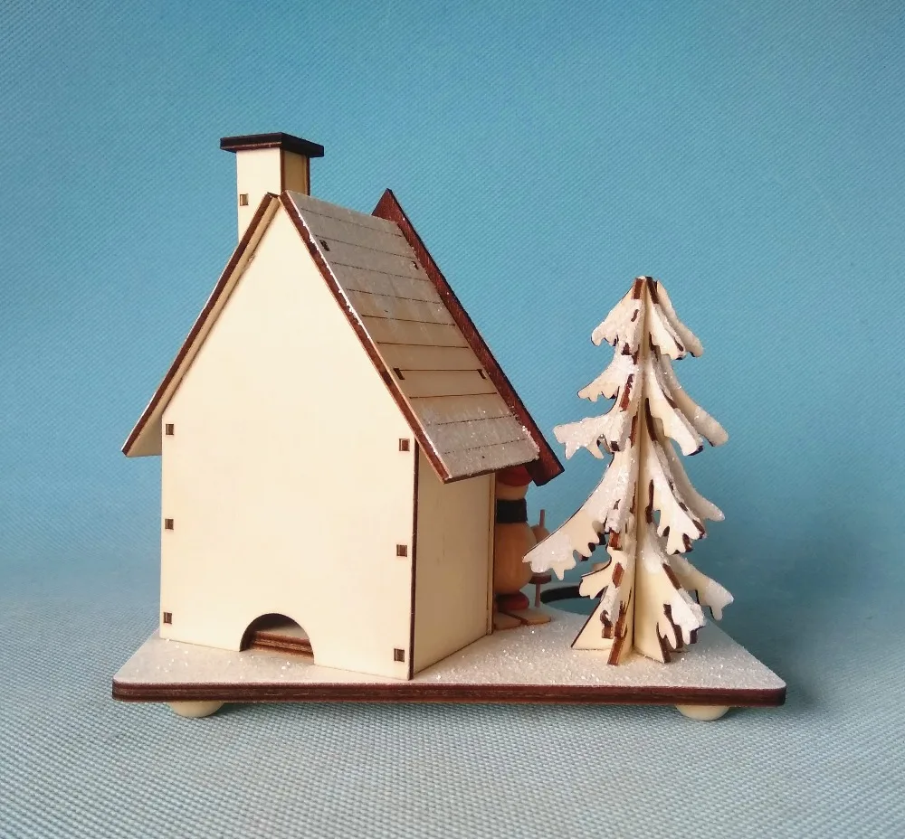Wooden ski snowman German Christmas incense smoker village house with led light for one tea candle