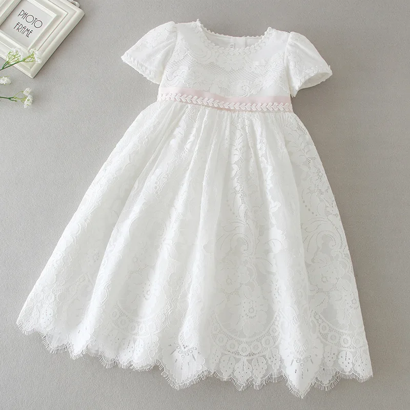 Wholesale infant girl boutique clothing toddler frocks designs short sleeve white lace baptism dress little girls party dress