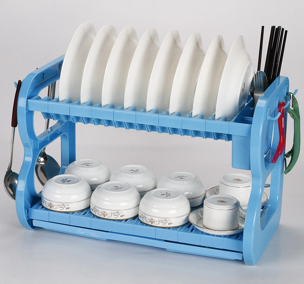 wholesale home kitchen Multipurpose 2 tiers blue ABS plastic storage tableware dish rack