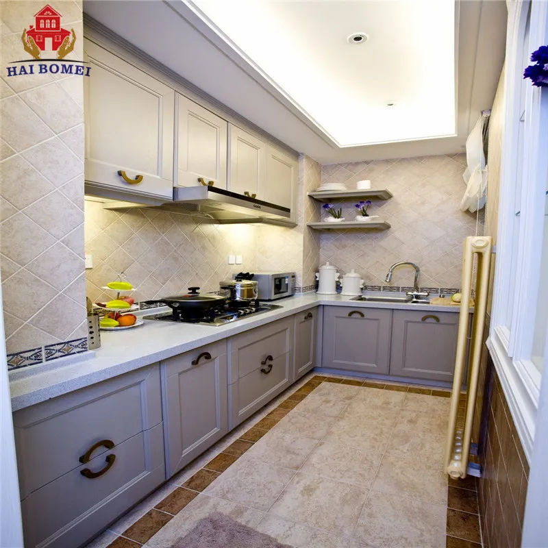 
China Bomei Factory Shaker Style PVC Freestanding L Shaped Modular Pantry Kitchen Cabinet 