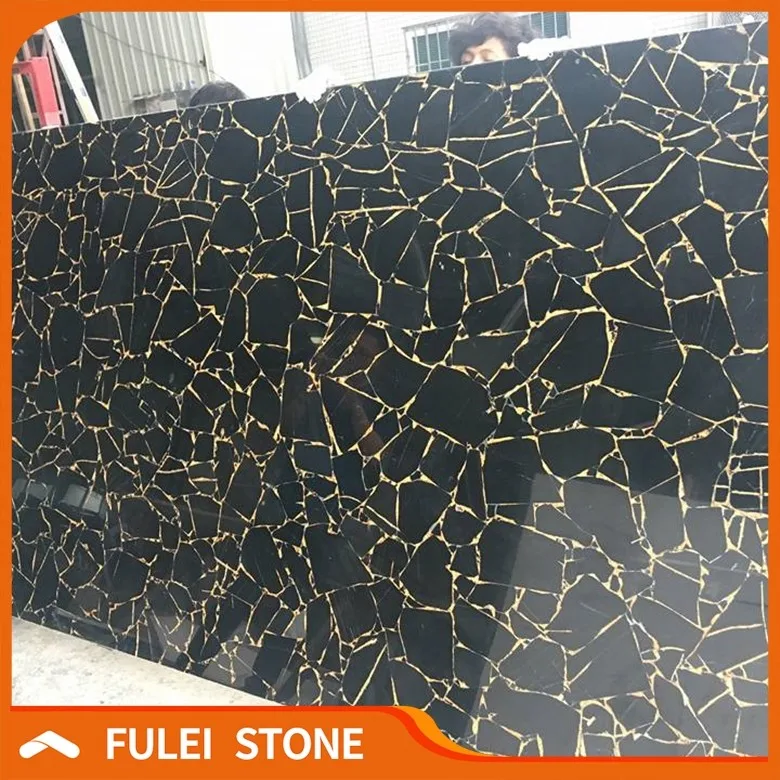
Cheap price black obsidian stone slabs inlay gold foil for sale 