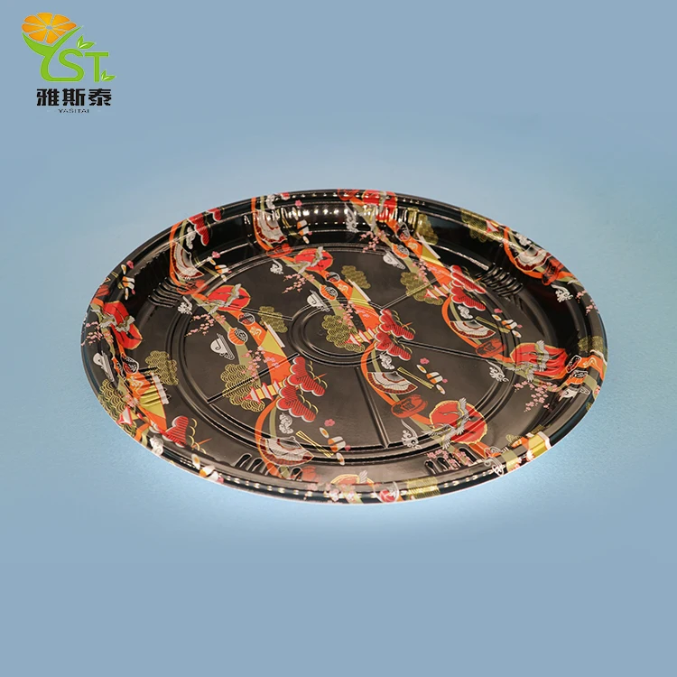 Christmas party serving tray Fast food sushi box PS plastic disposable round flower printing trays