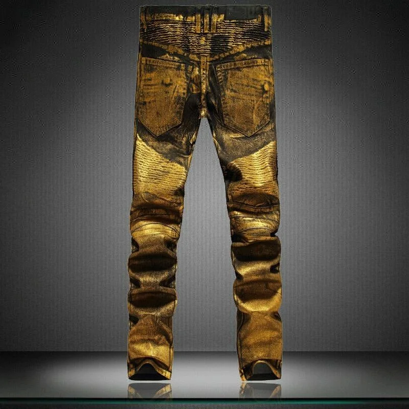 Royal wolf jeans manufacturer new fashion hot stamping metallic foiled golden coated biker denim men pants jeans