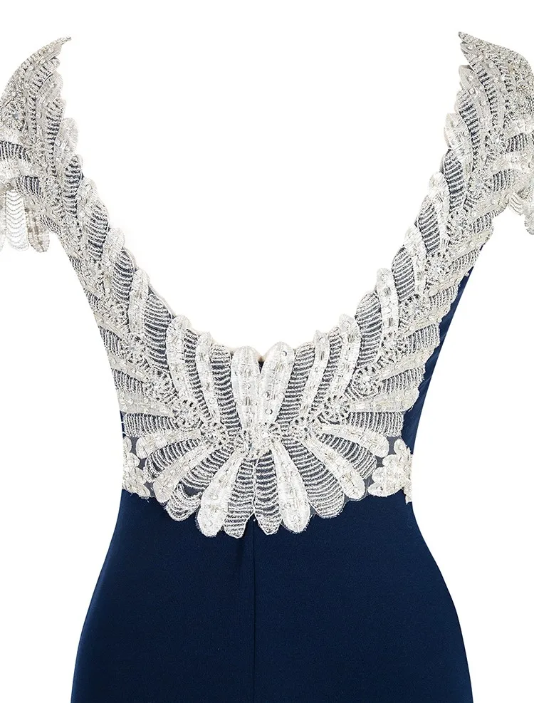 Graceful Full Length Sheath Lace Applique Navy Evening Dress for Women