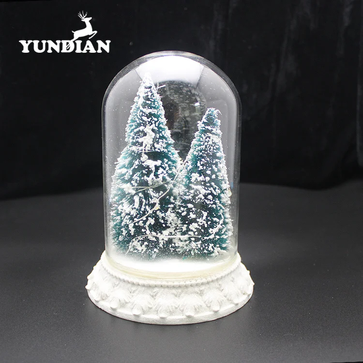 Wholesale hand made decorative led lighted up clear glass dome bell cloche ornament with base with christmas tree inside