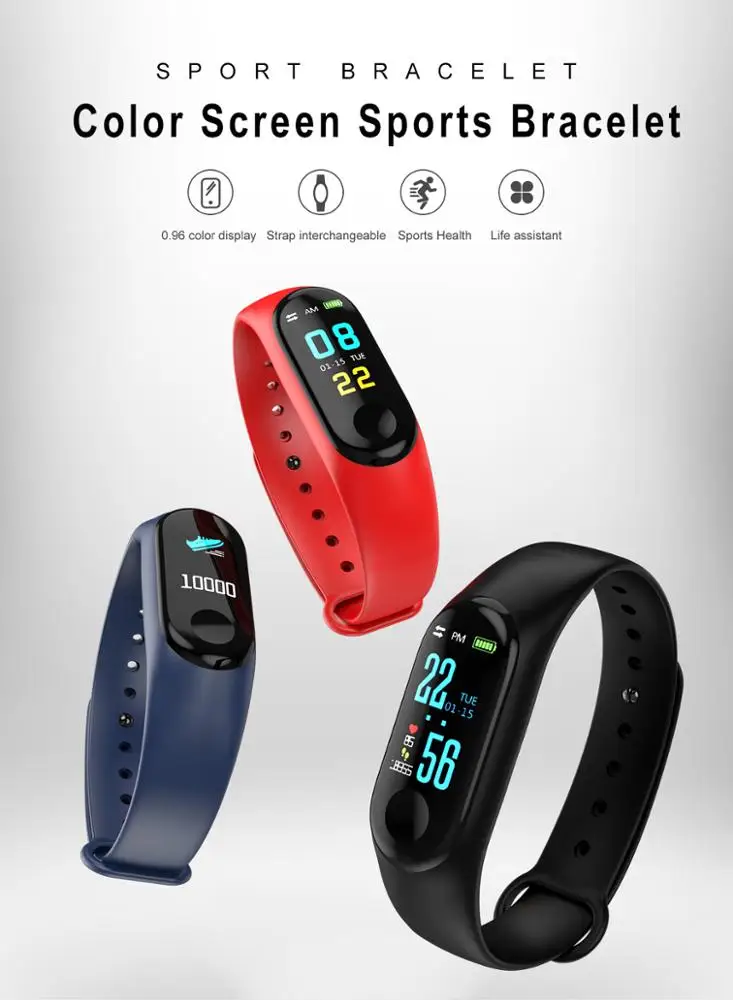 
0.96 Color Screen M3 smart band with heart rate BP ip67 waterproof smart tracker soft strap SMS/qq/call remind M3 smart bracelet 