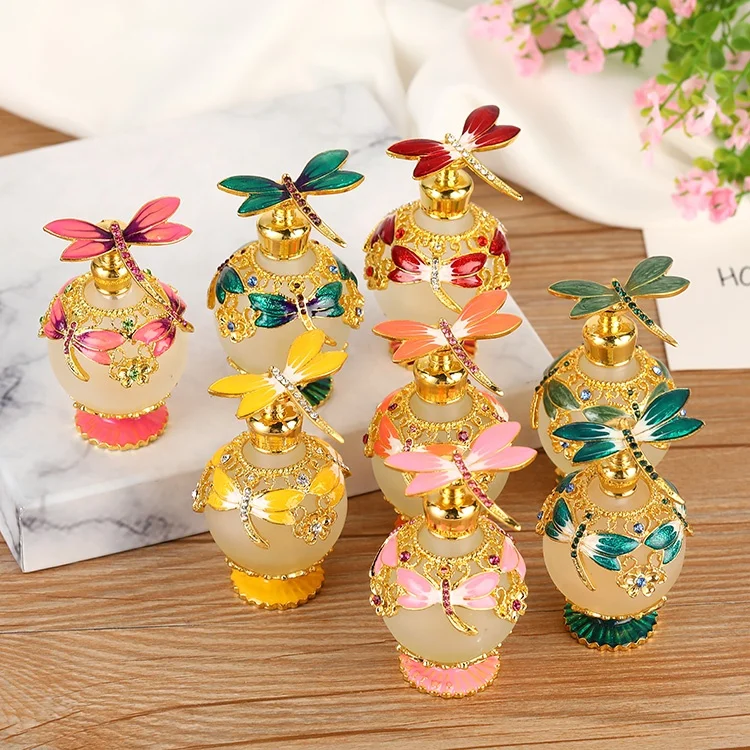 25ml round shaped metal alloy green dragonfly perfume bottle empty glass essential oil bottles with stainless bar#70010