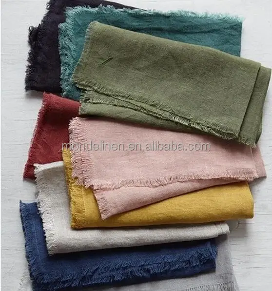 100% flax linen napkin table cloth with raw edges decoration