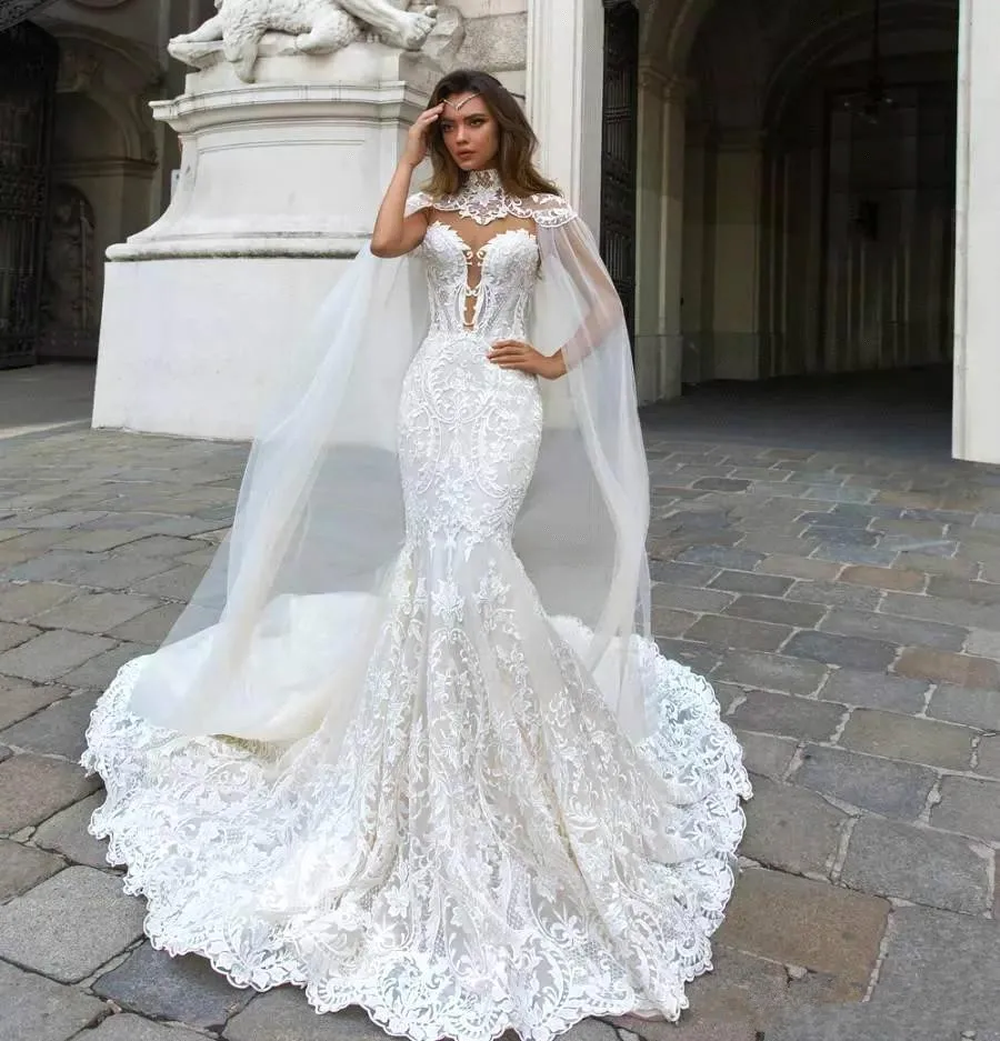 Dubai Arabic Brand  Mermaid Wedding dress Beading Sleeveless Long Court Train Lace Applique Wedding Dress Bridal Gowns
