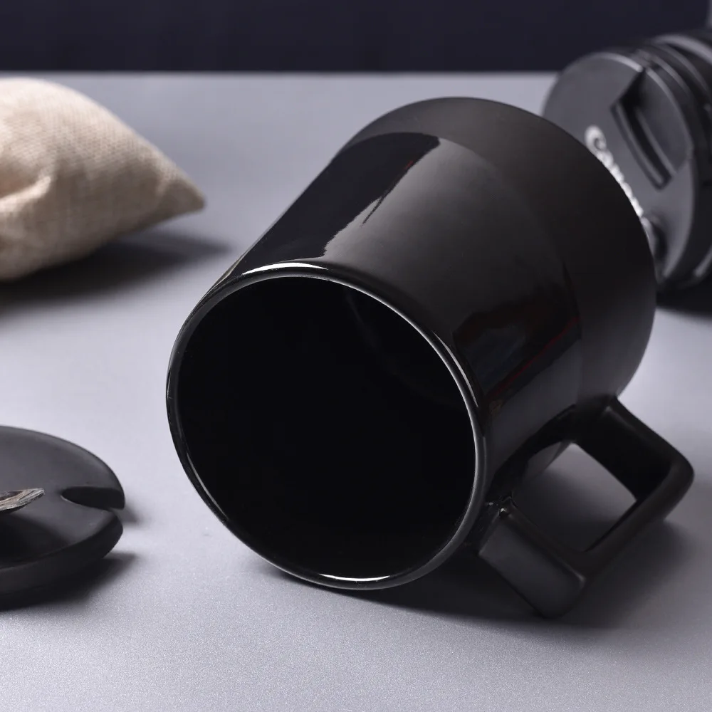 
Office Large Capacity Black Ceramic Cup with Lid Spoon Cups and Mugs 