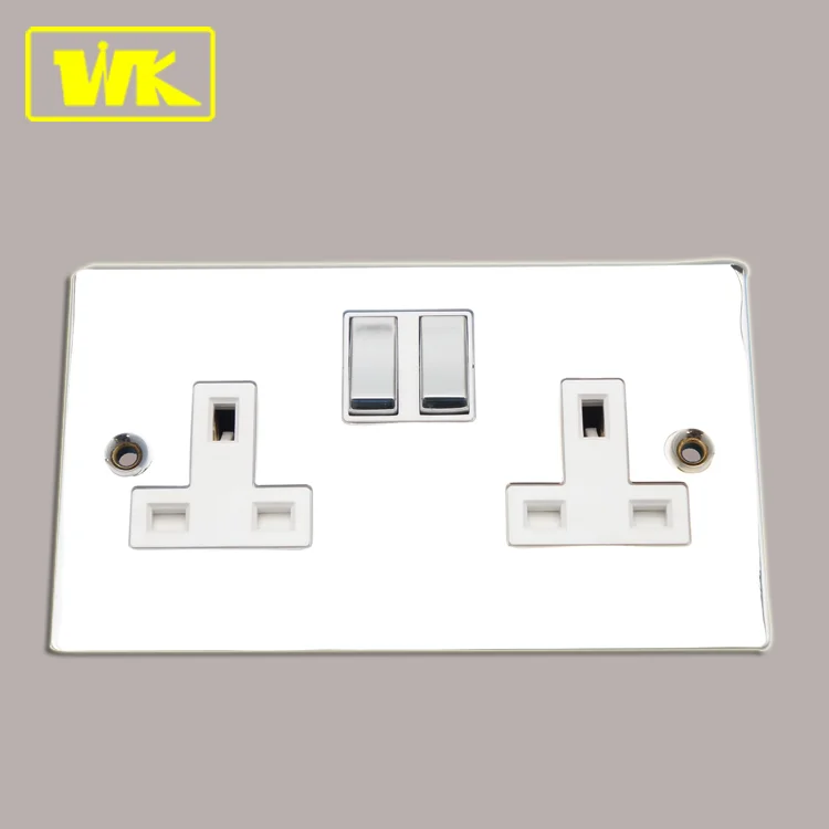 Chrome 2 Gang 13A UK Twin Electrical Power Switched Socket Outlet Double Socket Outlet