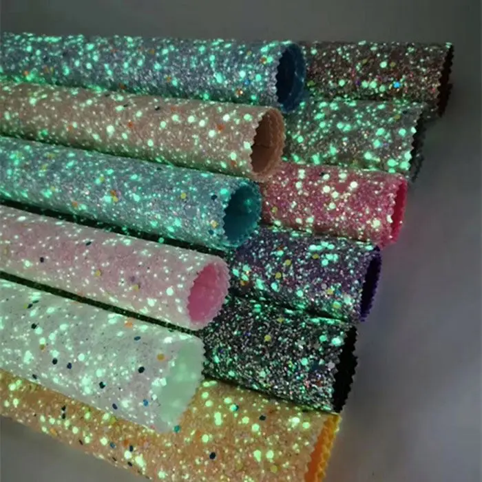 A4 Size and 54 inch (1.37 m) glow in the dark chunky glitter faux leather fabric for shoes