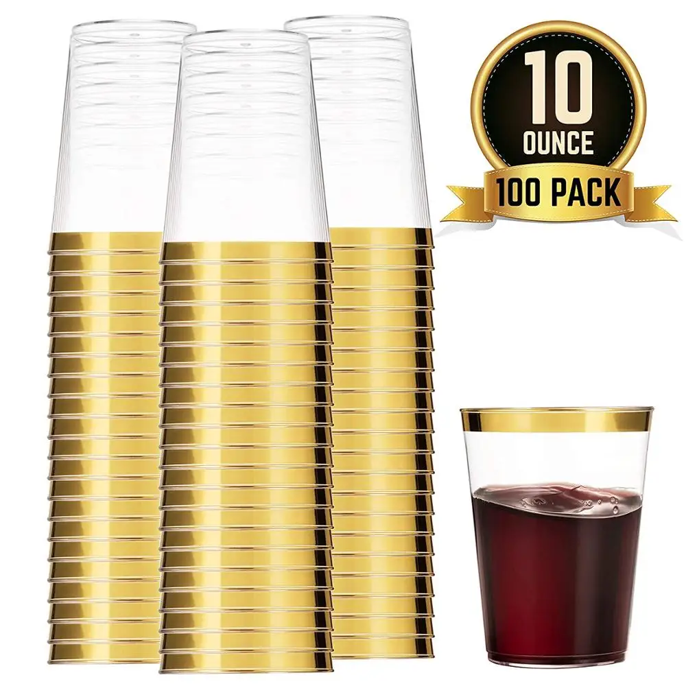 
100 Gold Plastic Cups 10 Oz Clear Plastic Tumblers Gold Rimmed Fancy Disposable Wedding Elegant Party with Gold Rim 