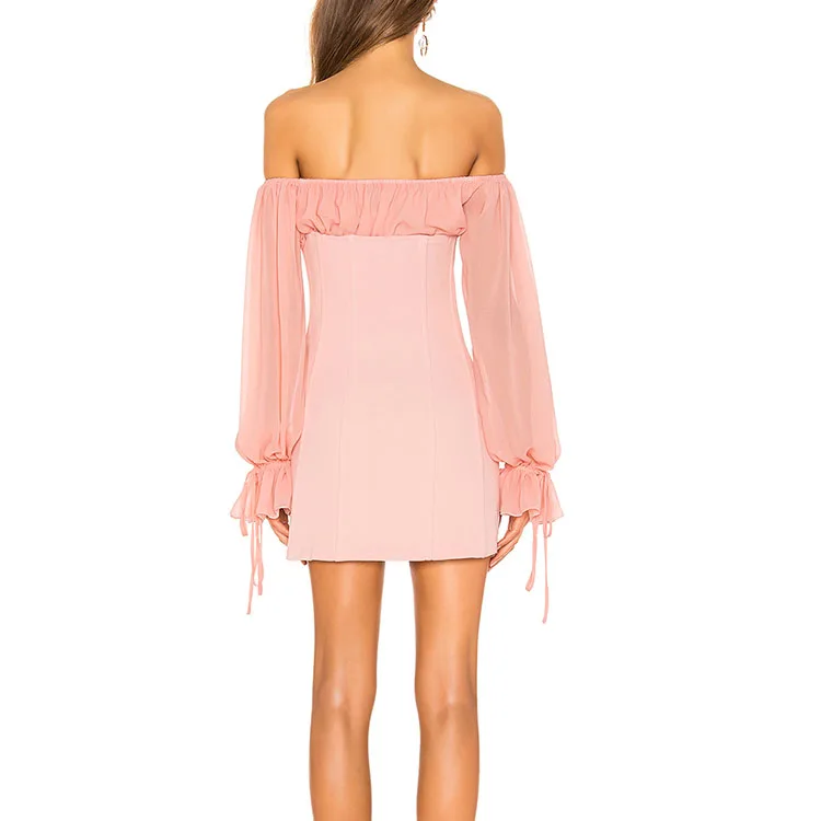 
China manufacturer wholesale off shoulder long sleeve chiffon patchwork sexy pink bodycon dress women bandage dress 